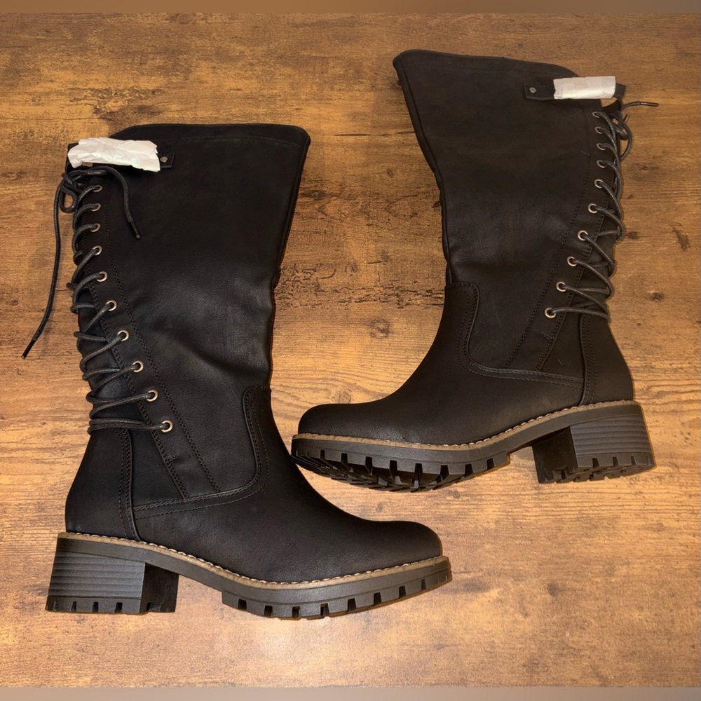 NWOT Global Win Black Lace-Up Knee High Boots - Picture 5 of 13